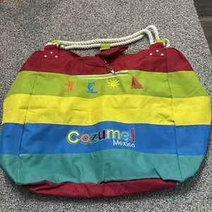 Large Cozumel Mexico Rainbow Striped Souvenir Tote Bag